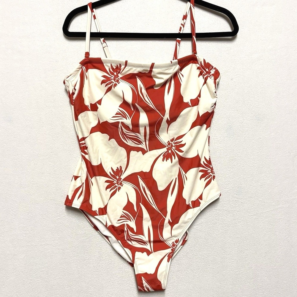 NWT Shade & Shore Swimsuit Floral One Piece Red Cream Bandeau Lined Womens Large